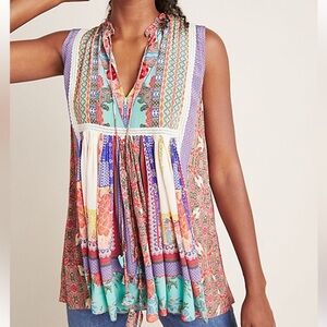 Bhanuni By Jyoti Viscose Crepe Notched Printed Sleeveless Blouse XS